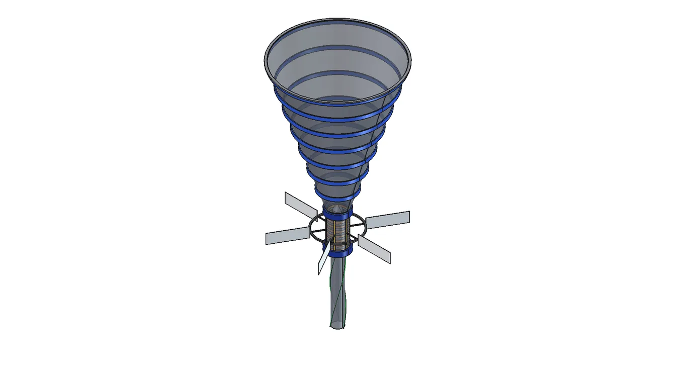 Isometric CAD render of the DS-002 collector (slow-wind variant)