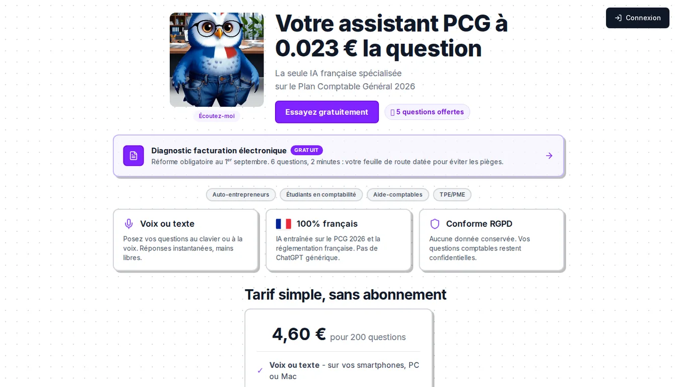 Page d'accueil de Parles au PCG, l'assistant comptable vocal